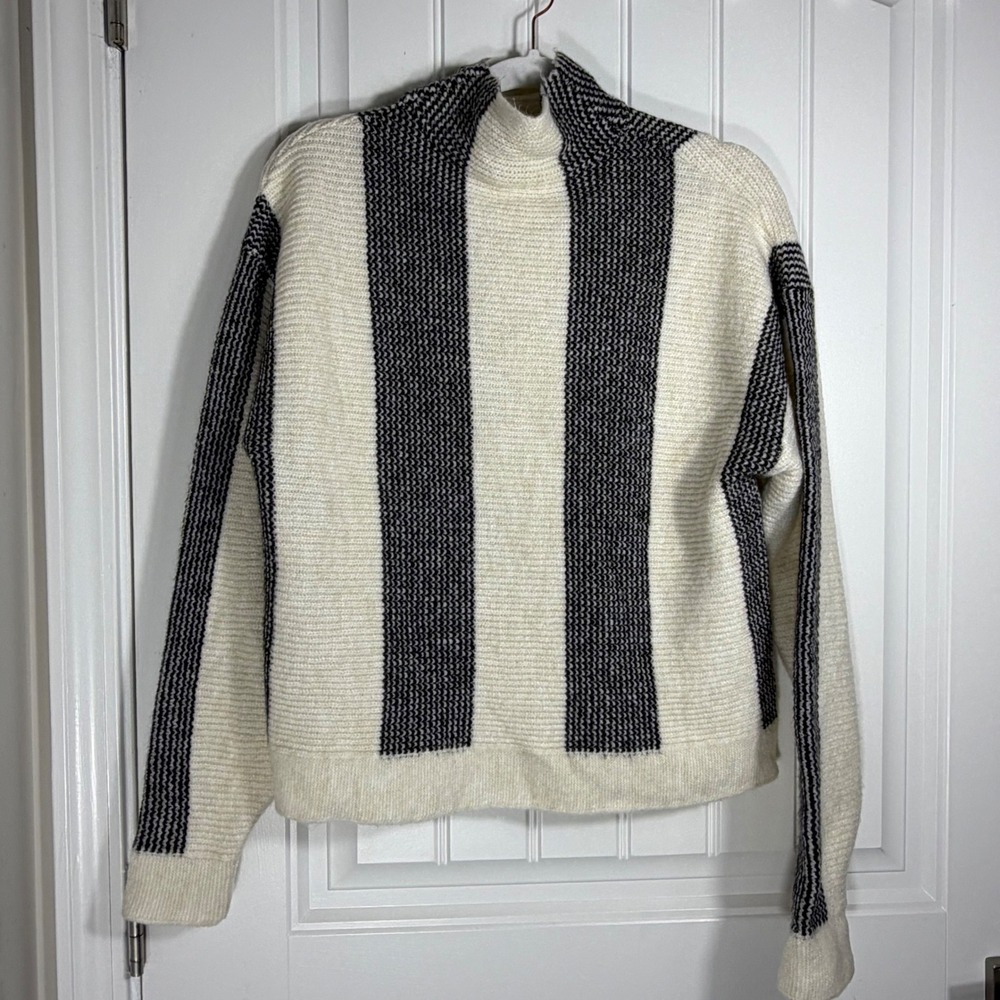 Anthropologie Vertical Stripe Mock Neck Sweater Cream Black Small